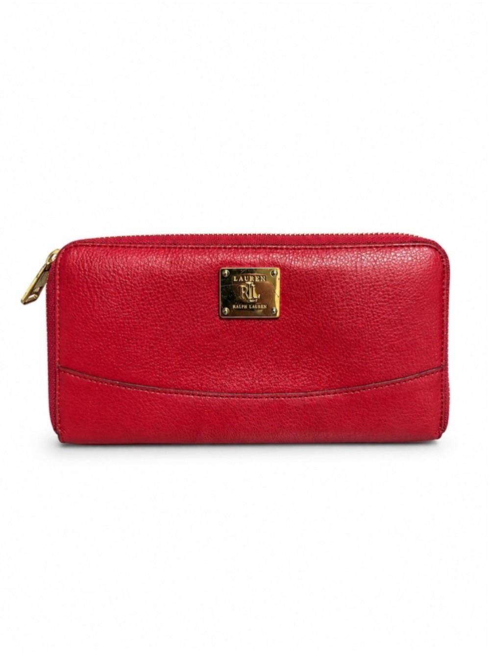 Lauren Ralph Lauren Red Pebbled Leather Zip Around Wallet Gold Hardware